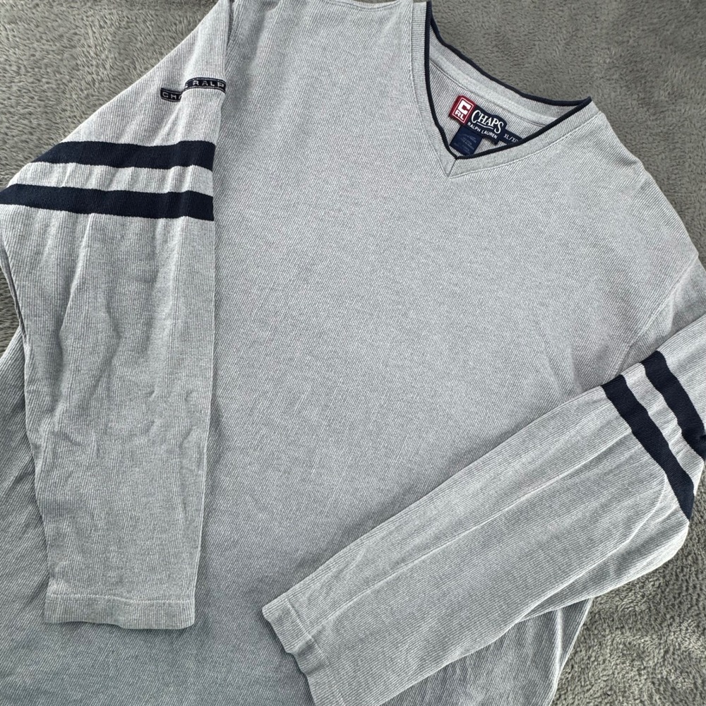 Chaps Ralph Lauren Pullover Mens XL Grey Excellent V-Neck Ribbed Striped Sleeve